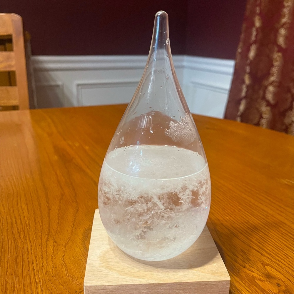 Storm Glass Weather Predictor Teardrop Shape Wood Base Blown Glass W/ Crystals